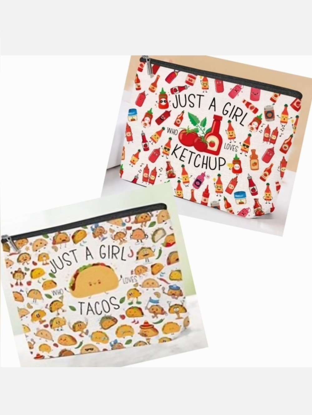 NWT Choice Of Just A Girl Who Loves Ketchup Or Tacos Waterproof Canvas MakeupBag